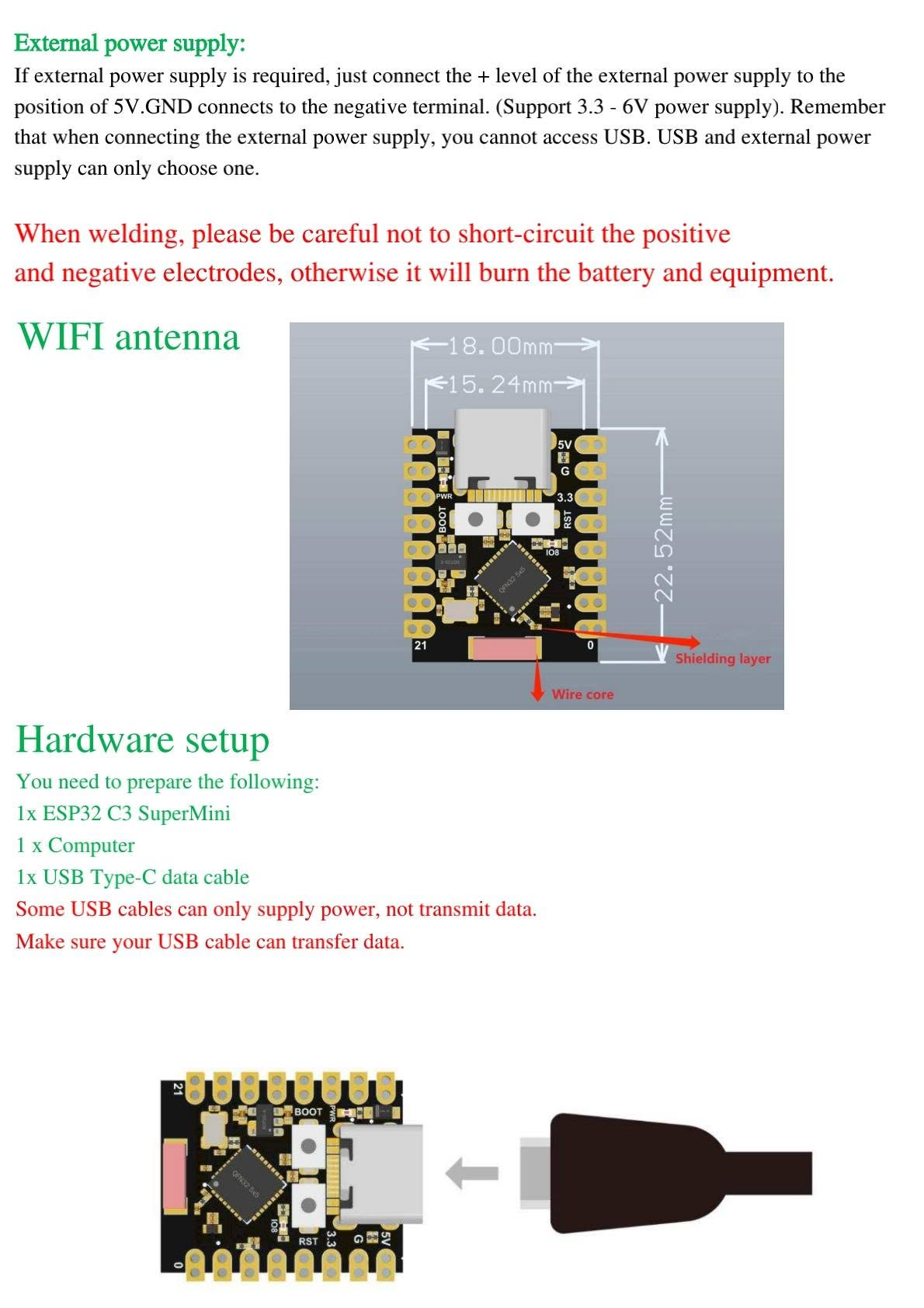 External power supply, WiFi antenna and hardware setup