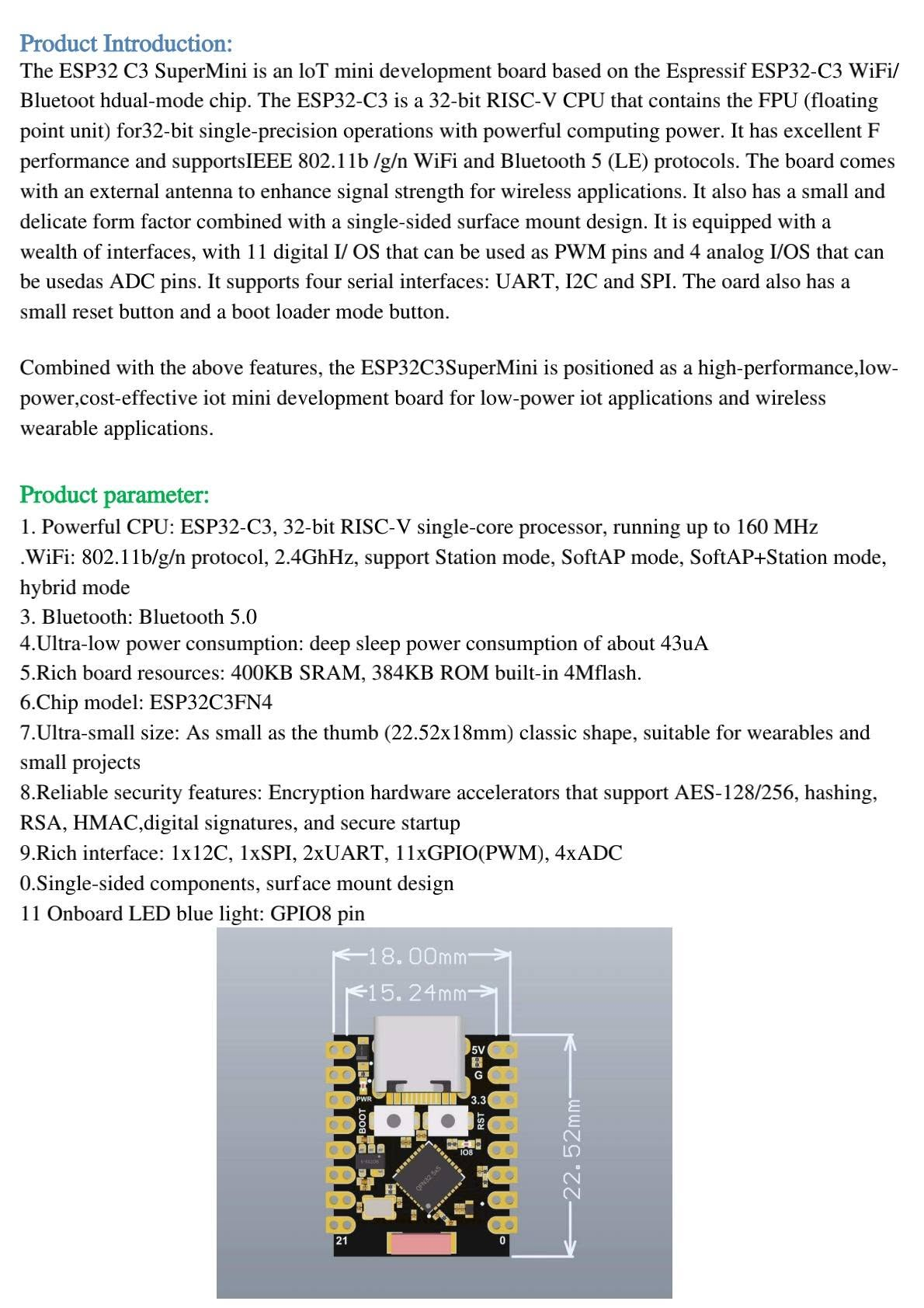 ESP32-C3 SuperMini product introduction and board dimensions