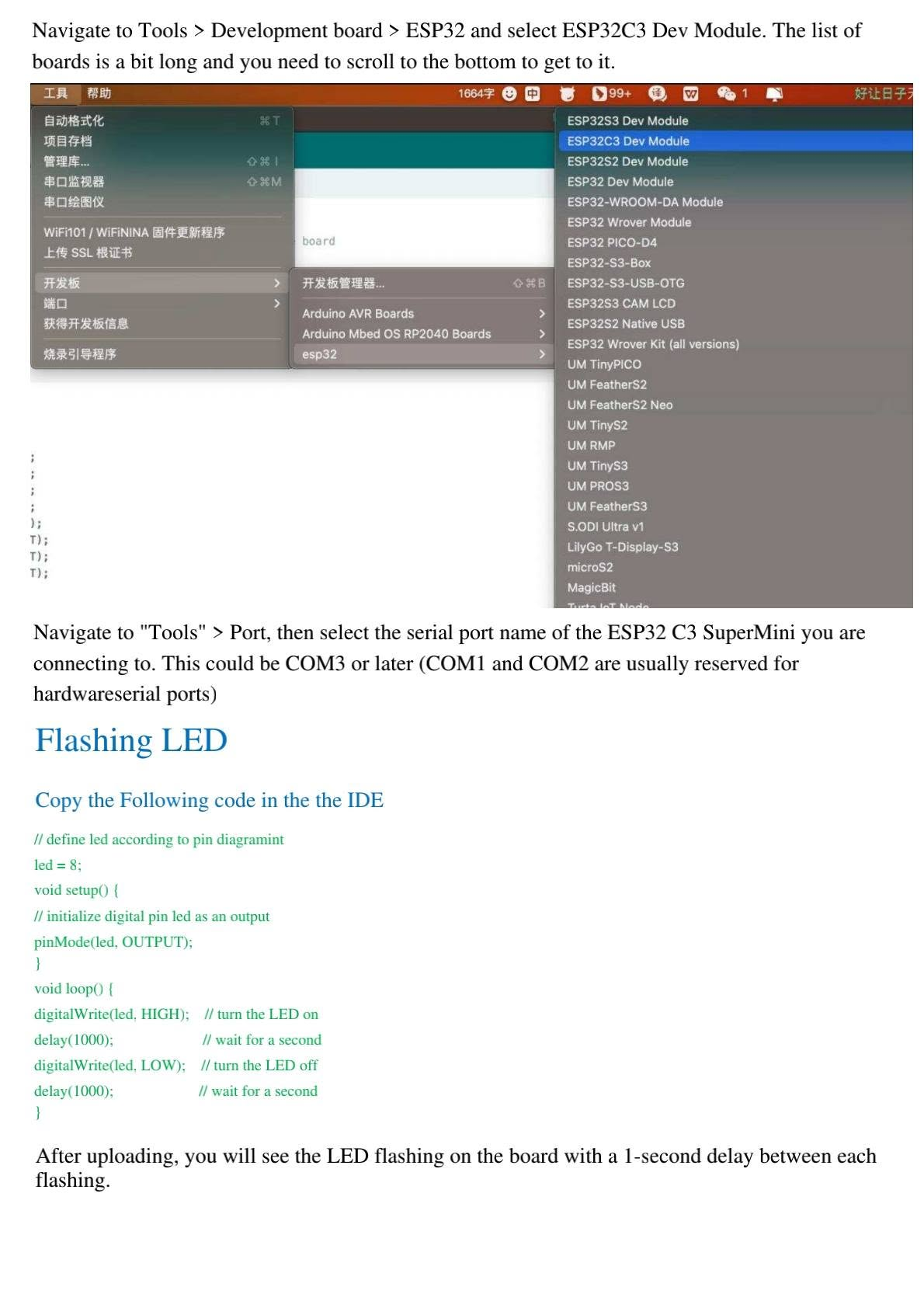 ESP32-C3 Dev Module selection, port configuration and LED blinking example