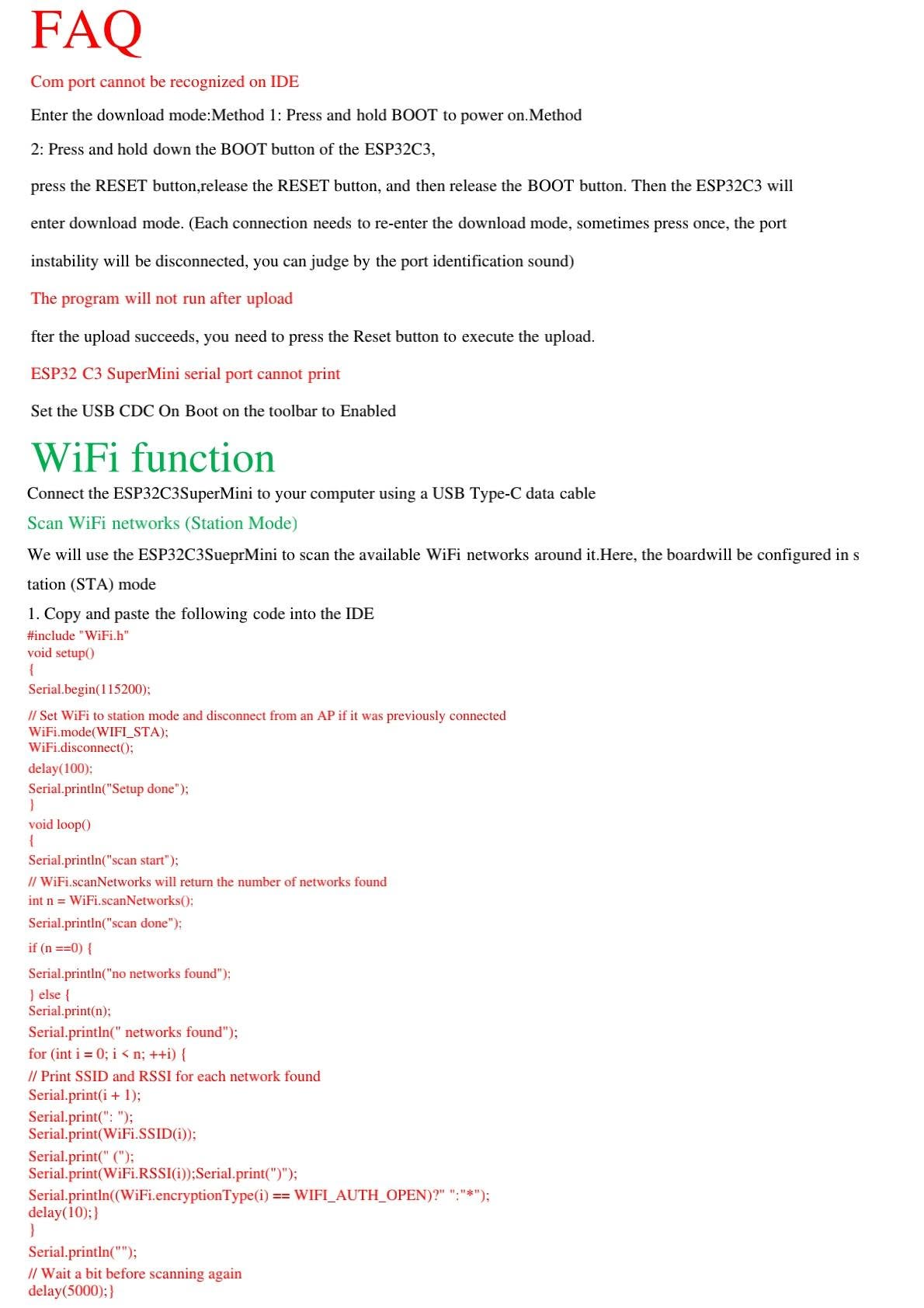 FAQ and WiFi network scanning code for ESP32-C3 SuperMini