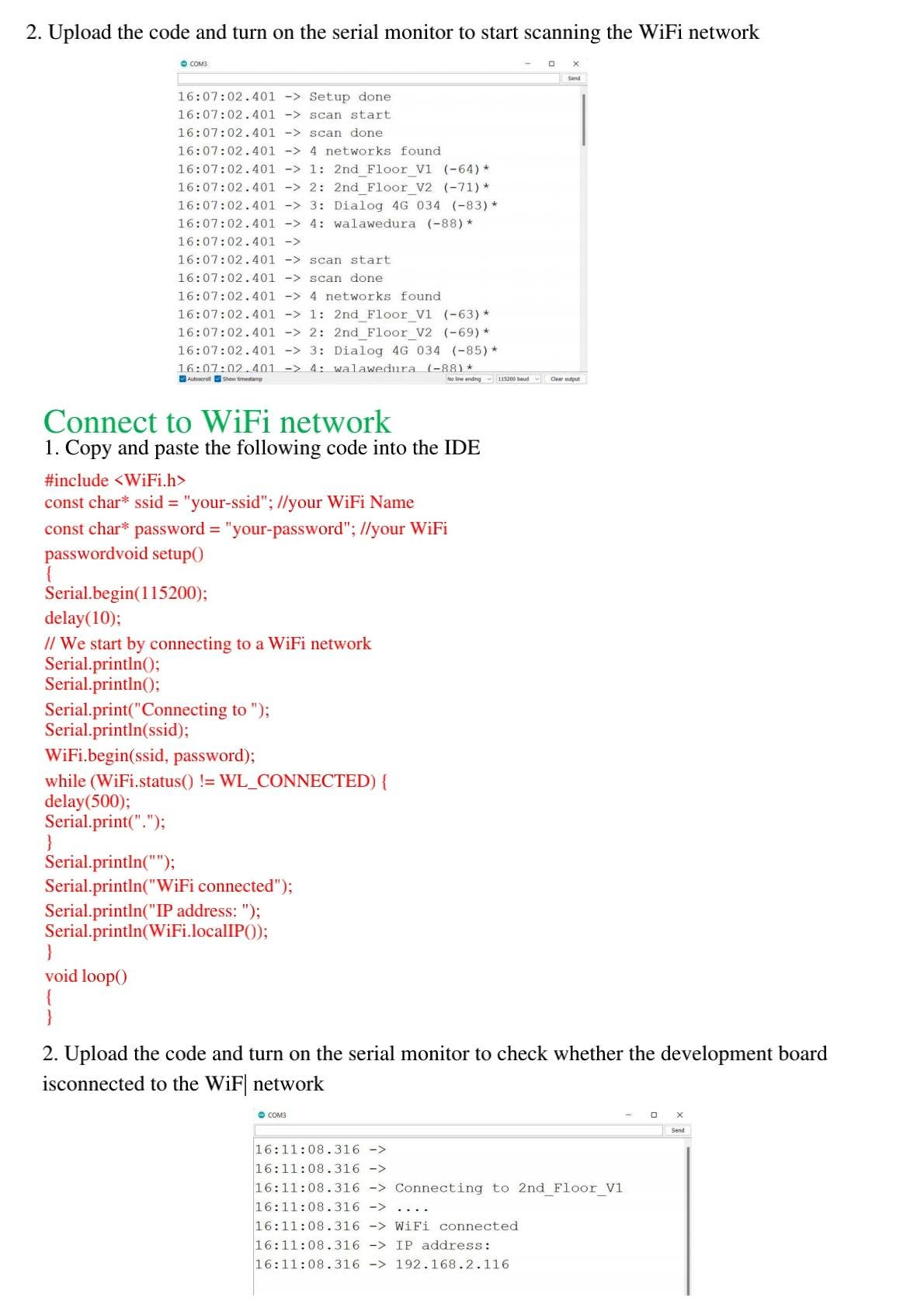 WiFi scan and WiFi connection serial monitor output