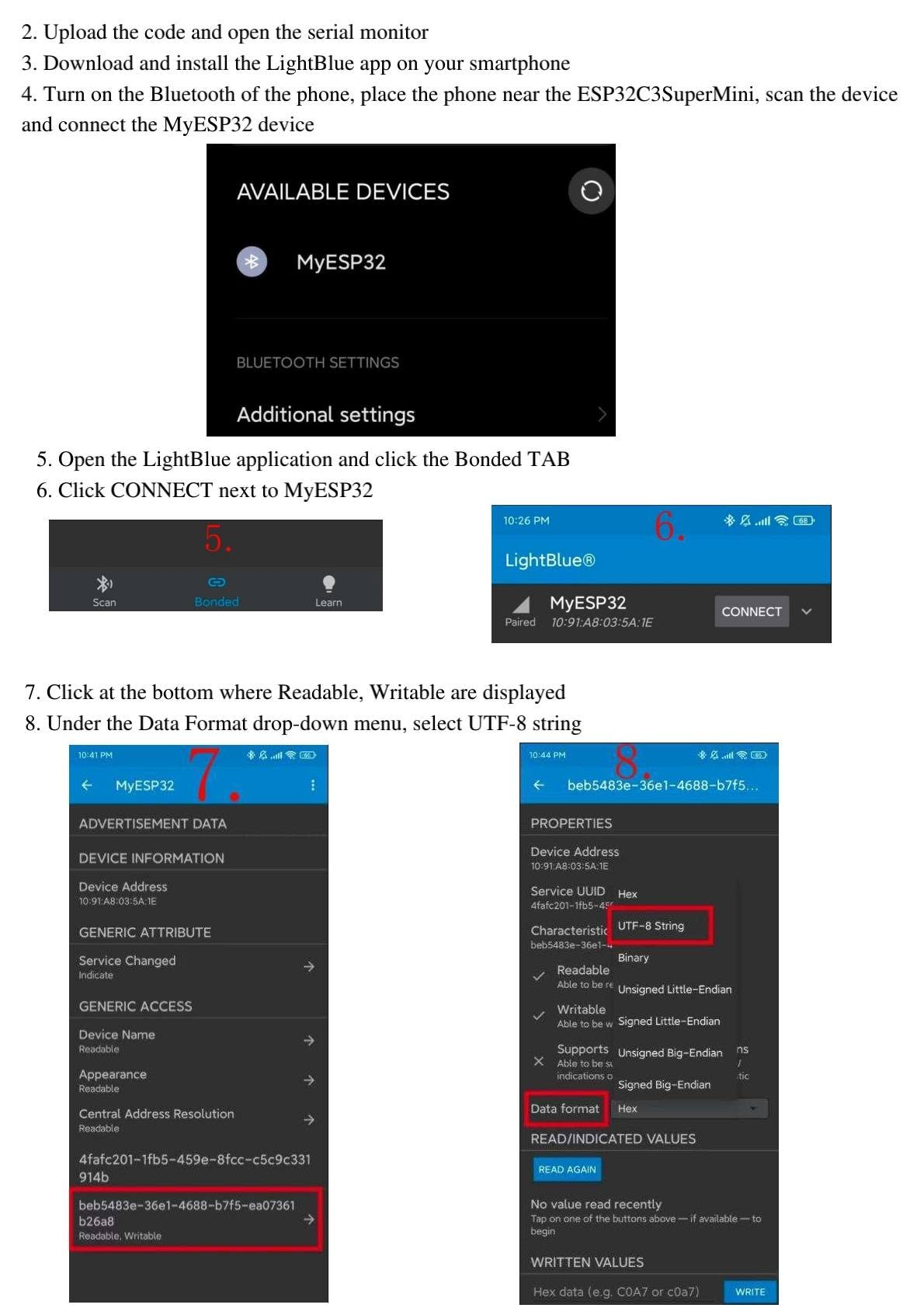 LightBlue mobile app connection steps for ESP32-C3 BLE server