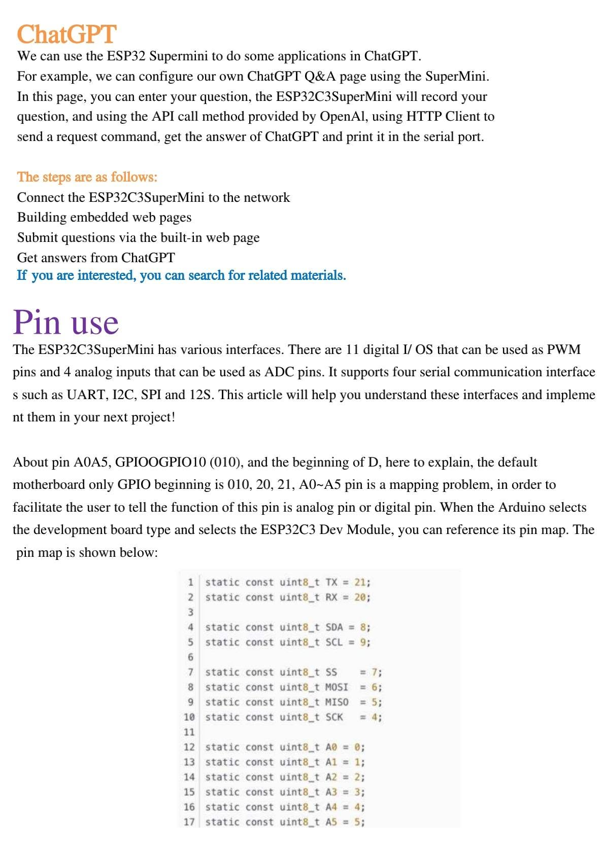 ESP32-C3 SuperMini ChatGPT application idea and pin use explanation
