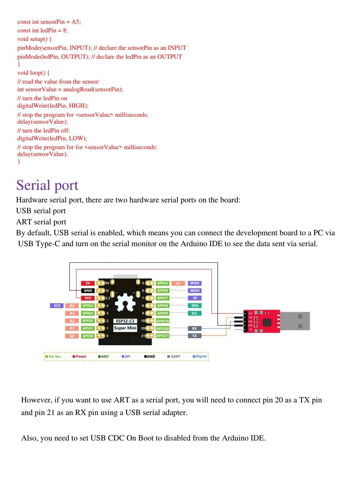 Analog read code and ESP32-C3 serial port wiring