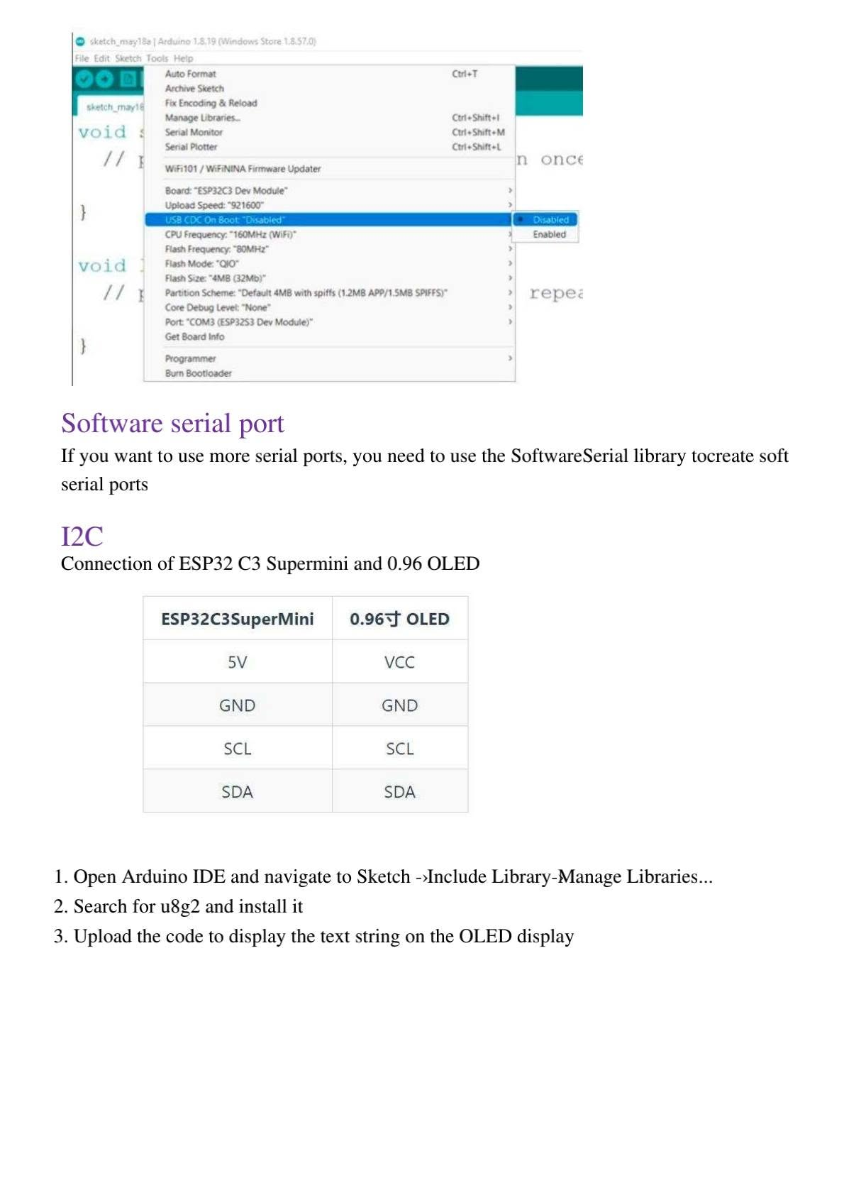 USB CDC configuration and I2C OLED connection